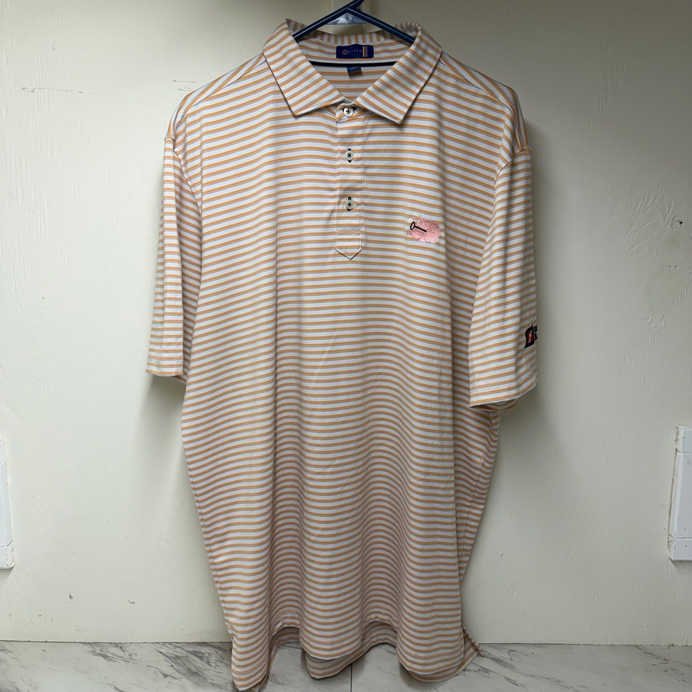 Stitch Golf Polo Shirt Mens XL Orange Blue Striped Simmons Bank Open Pig Logo